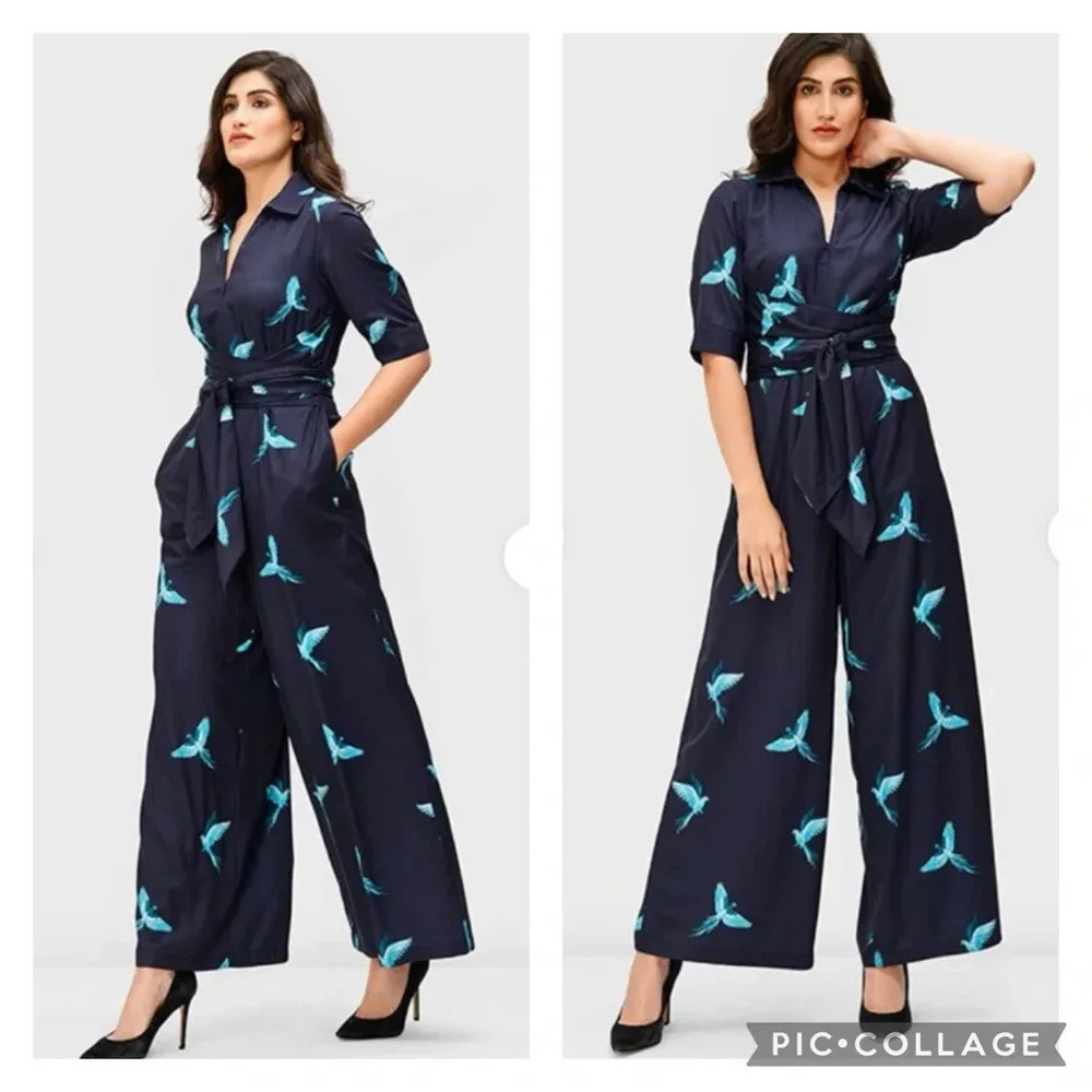 Wayward Fancies EShakti Wide Leg Bird Jumpsuit Navy Blue M‎ Belted Pockets
